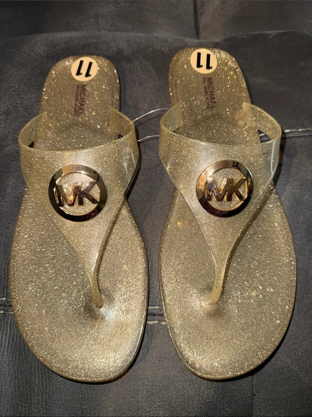 Michael Kors Gold Glitter Jelly Logo Thong Sandals